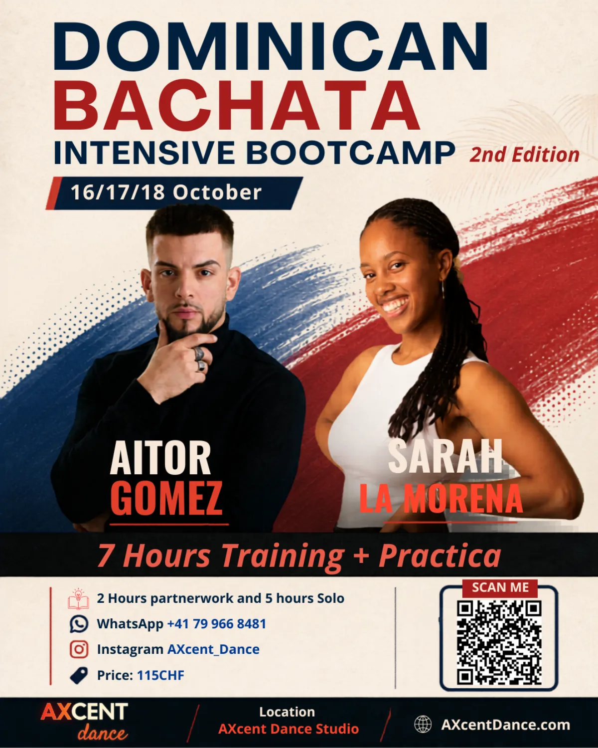 Dominican Bachata Bootcamp flyer with Aitor Gomez and Sarah La Morena, October 16-18, 2026