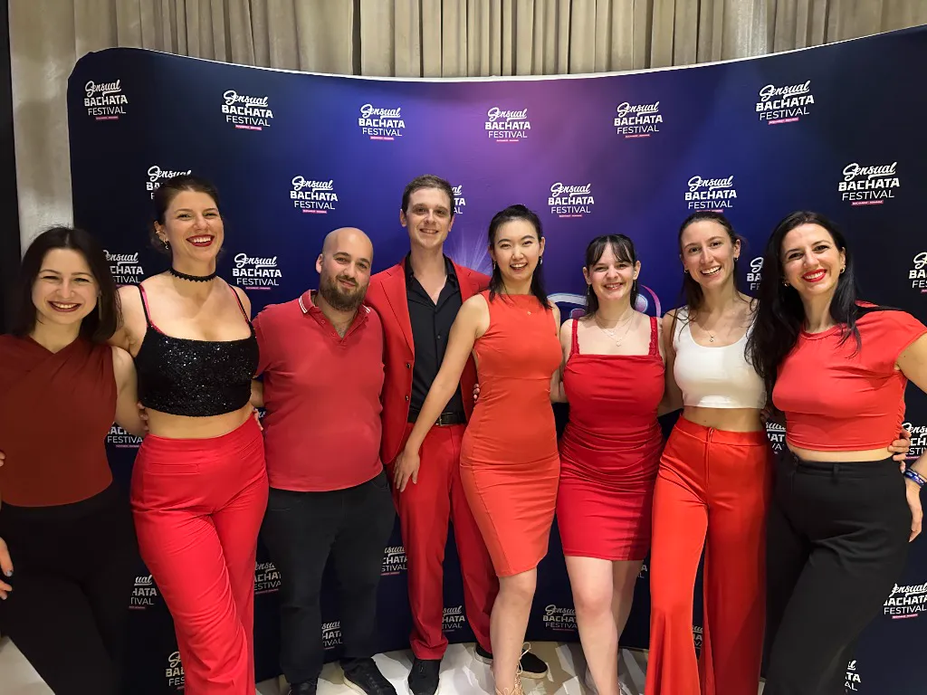 Students and instructors posing at an international dance festival